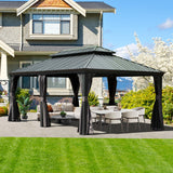 Domi 12x20FT Hardtop Gazebo, Aluminum Outdoor Gazebo with Galvanized Steel Double Roof Canopy, Drainage Gutters, Curtain and Netting, Metal Gazebo domi outdoor living