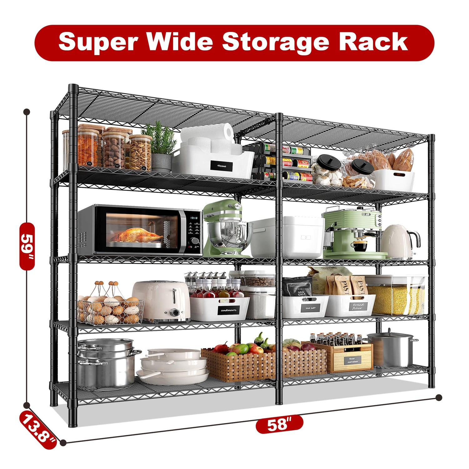 REIBII 58''W Storage Shelves Load 1400LBS Wire Shelving Unit 5 Tier Metal Shelving for Storage Rack Shelves for Storage Heavy Duty Garage Shelf REIBII