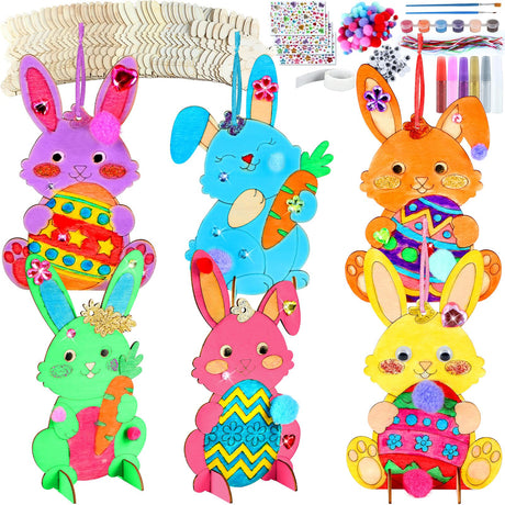 QOUBAI 36 Pack Easter Unfinished Wood Crafts for Kids DIY Coloring Easter Bunny Cutout DIY Easter Hanging Rabbit Wood Arts Crafts Ornaments for Party QOUBAI