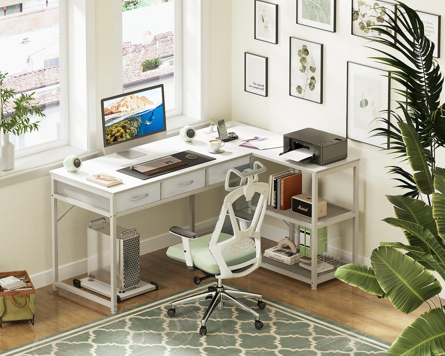 AODK 53 Inch Reversible L Shaped Desk with USB Ports & Fabric Drawers for Home Office & Gaming AODK