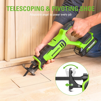 Greenworks 24V Brushless 1" Compact Reciprocating Saw (3,000 SPM), 2.0Ah Battery and Compact Charger Included