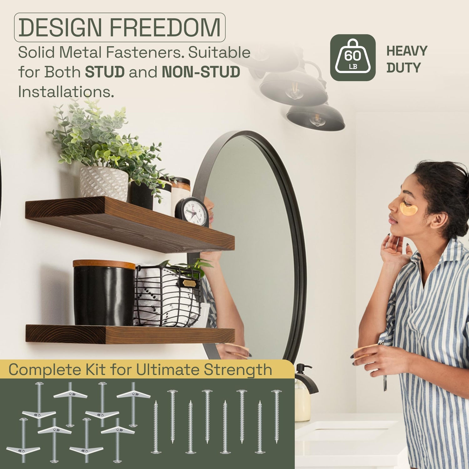 BAOBAB WORKSHOP Wood Floating Shelves 16 inch - Bathroom Shelves for Room Wall Mount - Wide Wooden Wall Shelves for Bedroom Kitchen Living Room - BAOBAB WORKSHOP