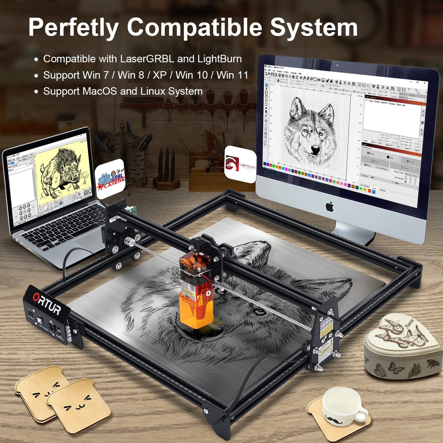 ORTUR Laser Engraver, Laser Master 2 S2 LF, 5.5W Output Laser Engraving Cutting Machine, 0.17 * 0.25mm Fixed-Focus Compressed Spot Eye Protection Ortur