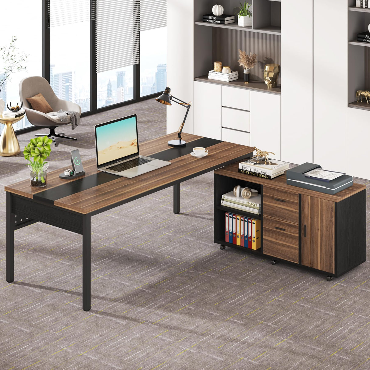 Tribesigns 70.8" Large Executive Office Desk and 47" Lateral File Cabinet Combo, L-Shaped Computer Desk 2 Piece Business Furniture with Drawers and Tribesigns