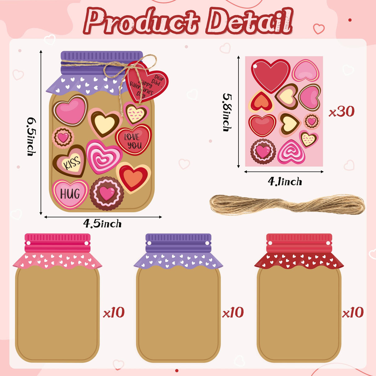WATINC 30PCS Valentine’s Day Love Candy Jar Craft Kit, Make Your Own Valentines Thankful Candy Mason Jar, DIY Love Heart Candy Jar Decor Craft WATINC