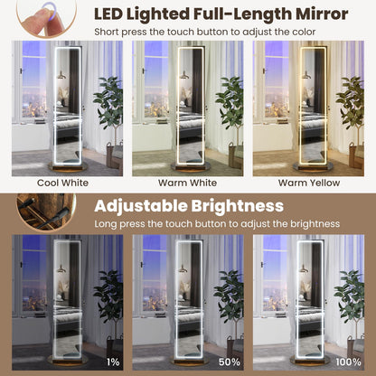 CHARMAID LED Mirror Jewelry Cabinet Armoire 360° Swivel, 63" H 3-Color Lighted Full Length Mirror, Adjustable Brightness, Lockable Standing Jewelry