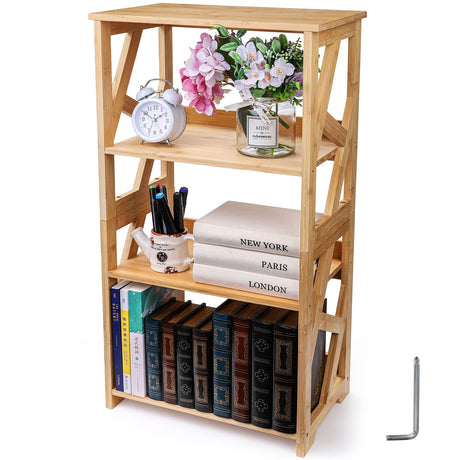Hedume 3-Tier Bamboo Open Shelf Bookcase - Multipurpose Natural Display Rack Hedume