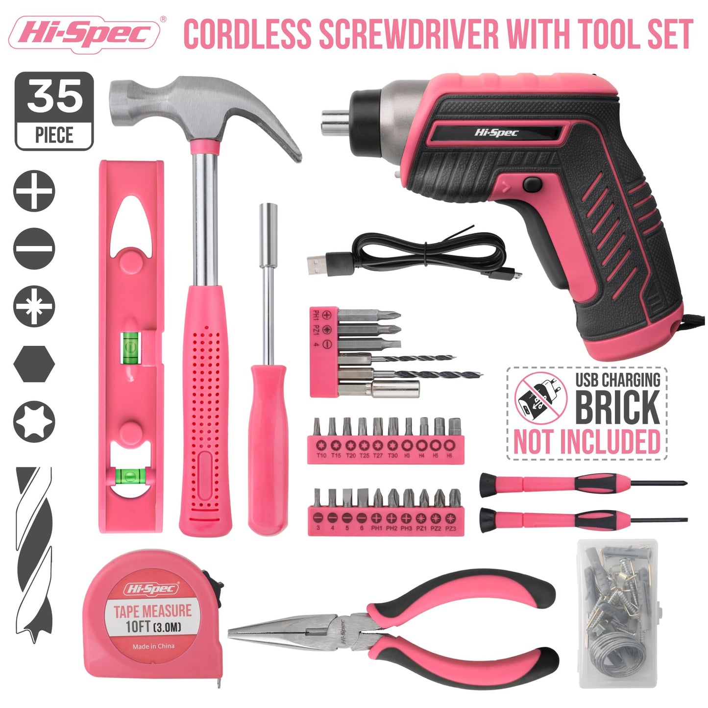 Hi-Spec 35pc Pink tool kit with 3.6V USB Electric Screwdriver and drill set. Complete women tool set - WoodArtSupply