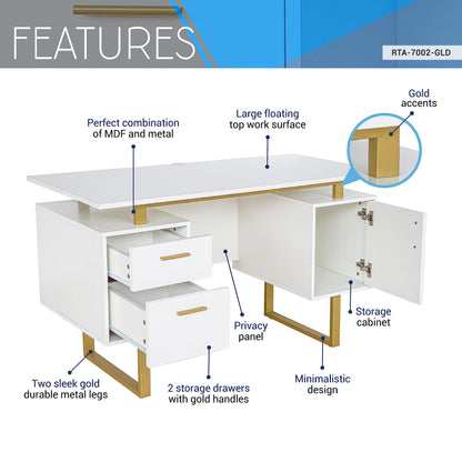 Techni Mobili Storage Drawers and Cabinet 51.25” W-Modern Office Large Floating Desktop Surface Desk, White/Gold - WoodArtSupply