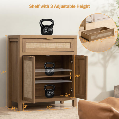 SICOTAS Sideboard Buffet Cabinet Set of 2, Rattan Credenza Storage Cabinet, Boho Buffet Table Console Cabinet with Drawer, Farmhouse Coffee Bar SICOTAS