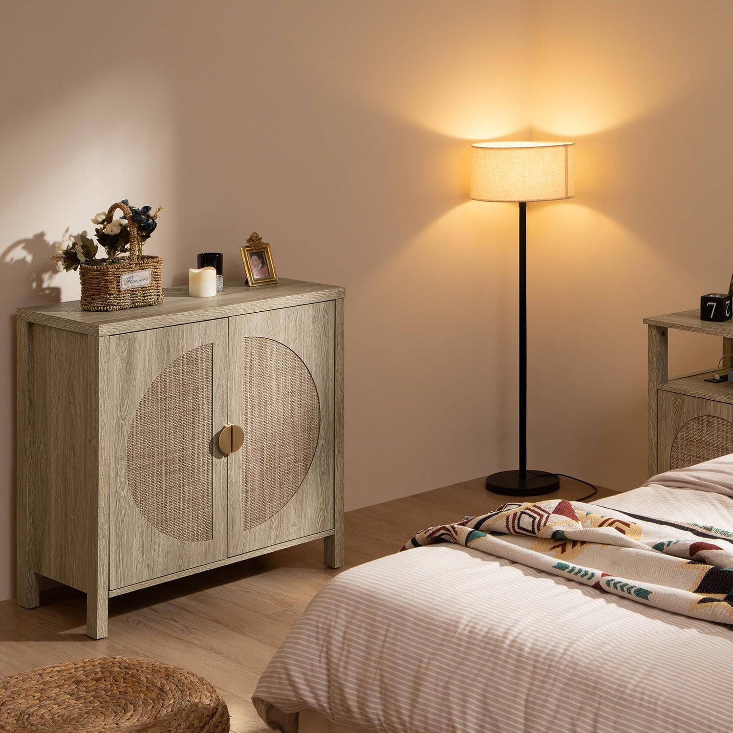 SICOTAS Accent Wood Storage Cabinet Set of 2, Rattan Sideboard Buffet Cabinet with Adjustable Shelves, Multifunctional Console Table Credenza for SICOTAS