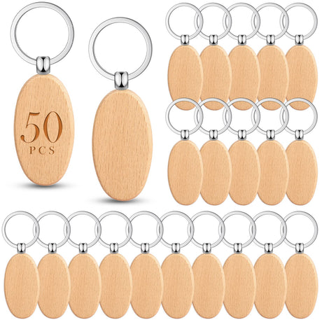 50 Pieces Wooden Keychain Blanks Laser Engraving Blanks Wood Blanks Key Chain Bulk Unfinished Wooden Key Ring Key Tag for DIY Gift Crafts (Oval) Yinkin