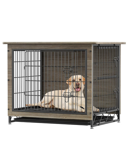 Extra Large Dog Crate Furniture 42", Modern Wooden Dog Kennel with Double Doors Side End Table, Heavy-Duty Dog Cage with Removable Tray, Indoor