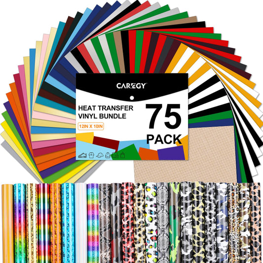 CAREGY HTV Heat Transfer Vinyl Bundle: 75 Pack 12" x 10" Iron on Vinyl for T-Shirt, 57 Assorted Colors for All Cutter Machine or Heat Press Machine - WoodArtSupply