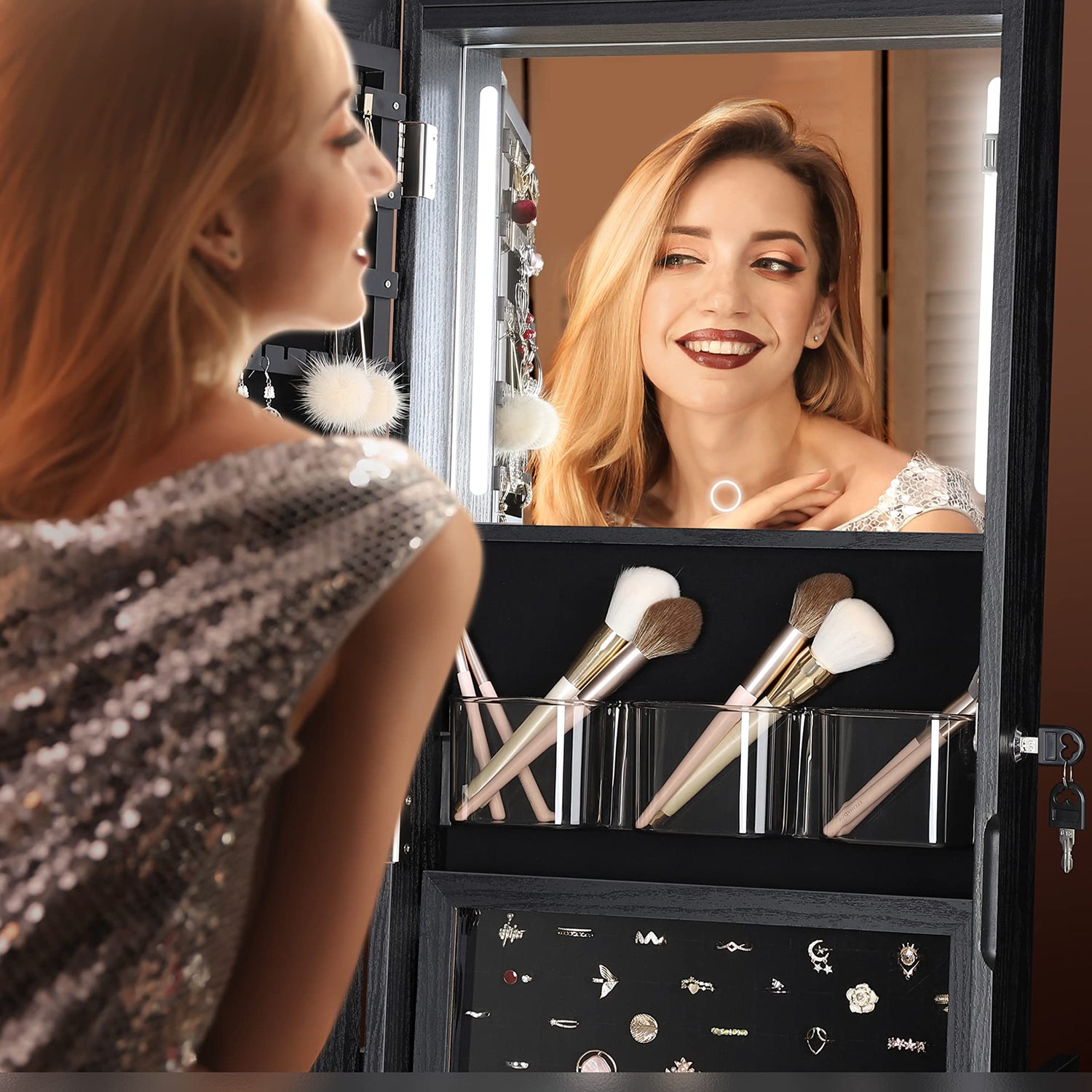 Nicetree 360° Swivel Jewelry Cabinet with Lights, Touch Screen Vanity Mirror, Rotatable Full Length Mirror with Jewelry Storage, Standing Jewelry Nicetree