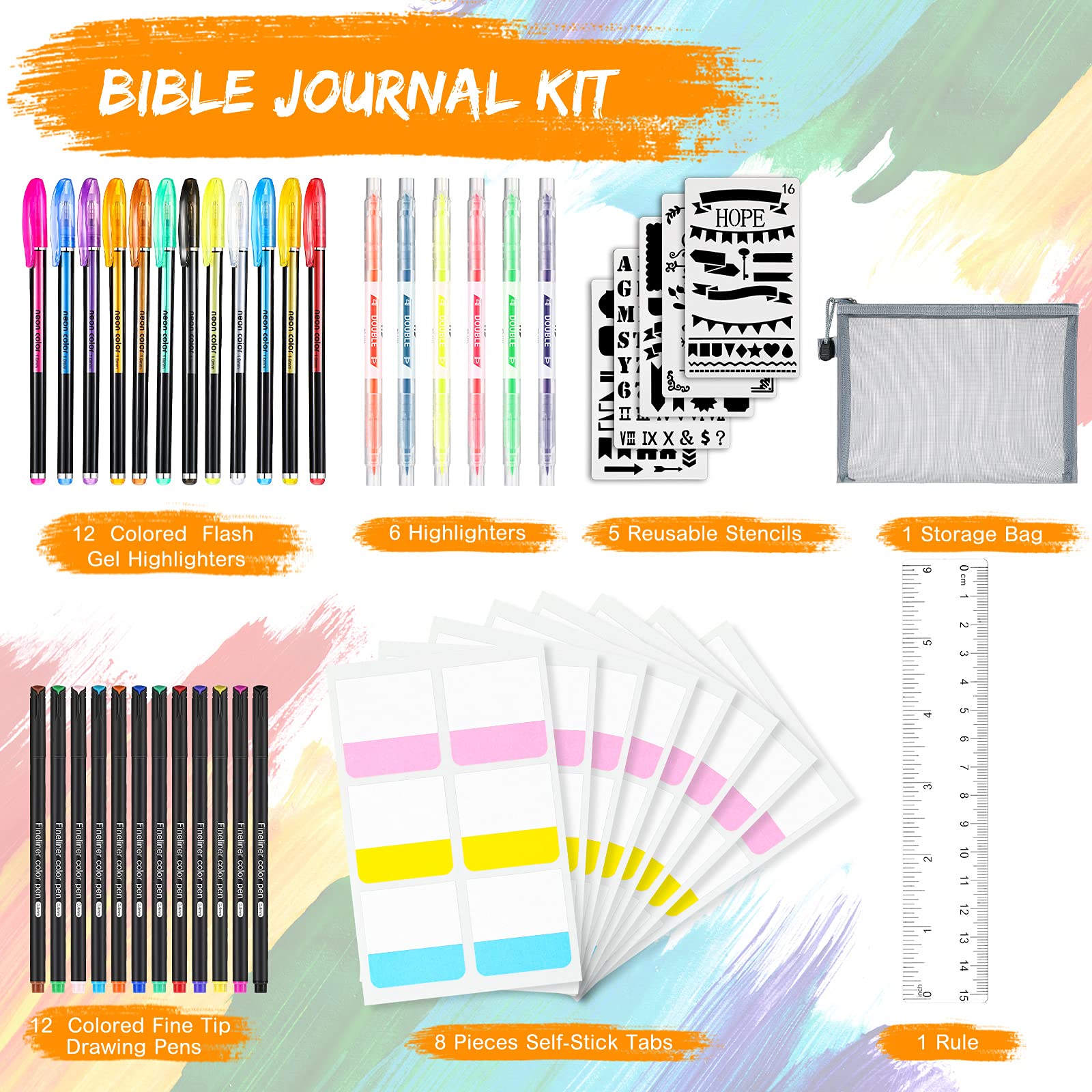 39 Pieces Bible Journal Kit, 12 Color Bible Gel Highlighters Colored Thin  Point Markers Double Highlighters Pens Self-Stick Tabs Storage Bag Pens No