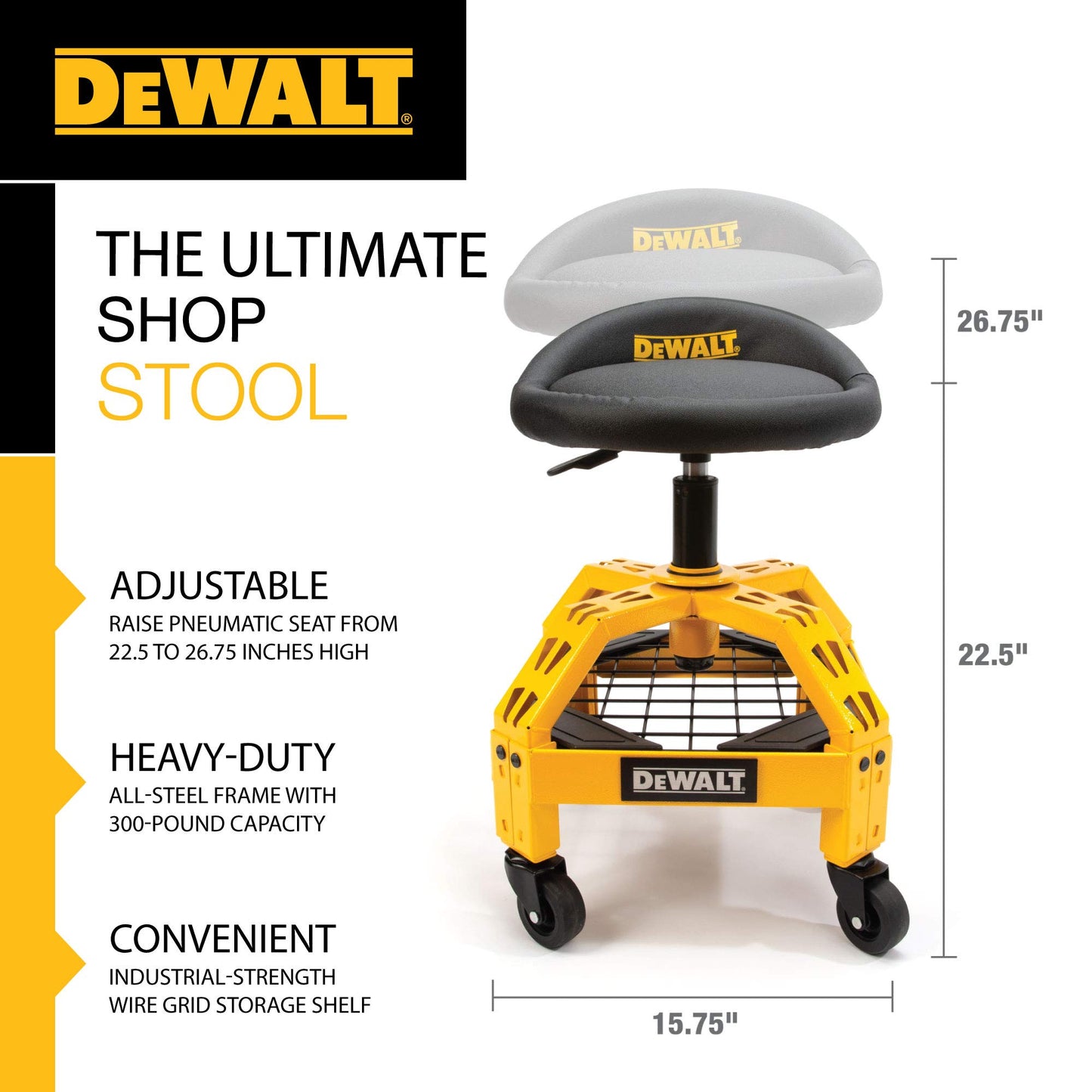 DEWALT 41562 DXSTAH025 Adjustable Shop Stool with Casters - WoodArtSupply