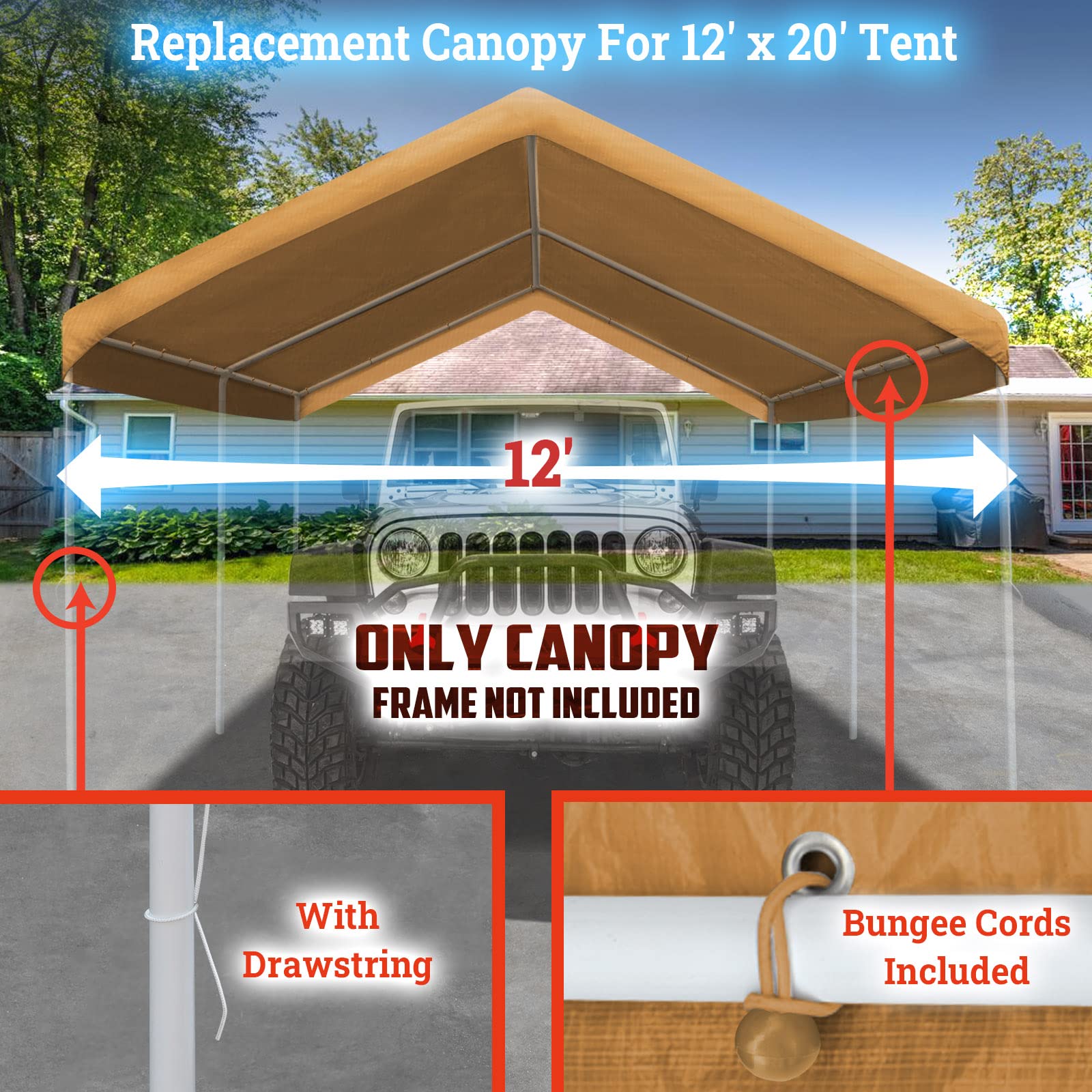 BenefitUSA 12'x20' Upgraded Carport Canopy Tent Garage Replacement Car Shelter Cover with Bungees,Frame is not Included (Tan) - WoodArtSupply