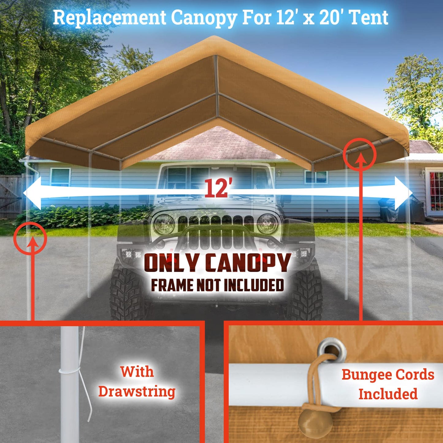 BenefitUSA 12'x20' Carport Canopy ONLY Tent Garage Replacement Top Tarp Car Shelter Cover w/Ball Bungees(TAN) - WoodArtSupply