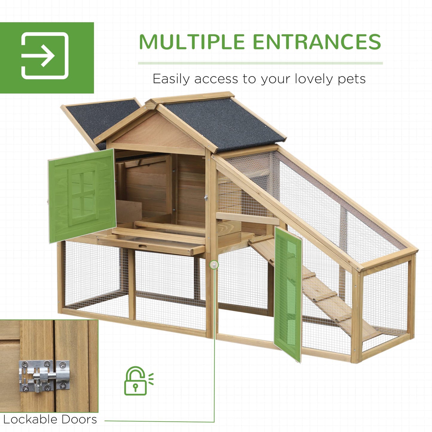 PawHut 69" Wooden Chicken Coop, Poultry Cage Hen House with Connecting Ramp, Removable Tray, Ventilated Window and Nesting Box, Natural - WoodArtSupply