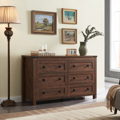 T4TREAM Farmhouse 6 Drawers Dresser Chests for Bedroom, Wood Rustic Wide Chset of Drawers,Storage Dressers Organizer for Bedroom, Living