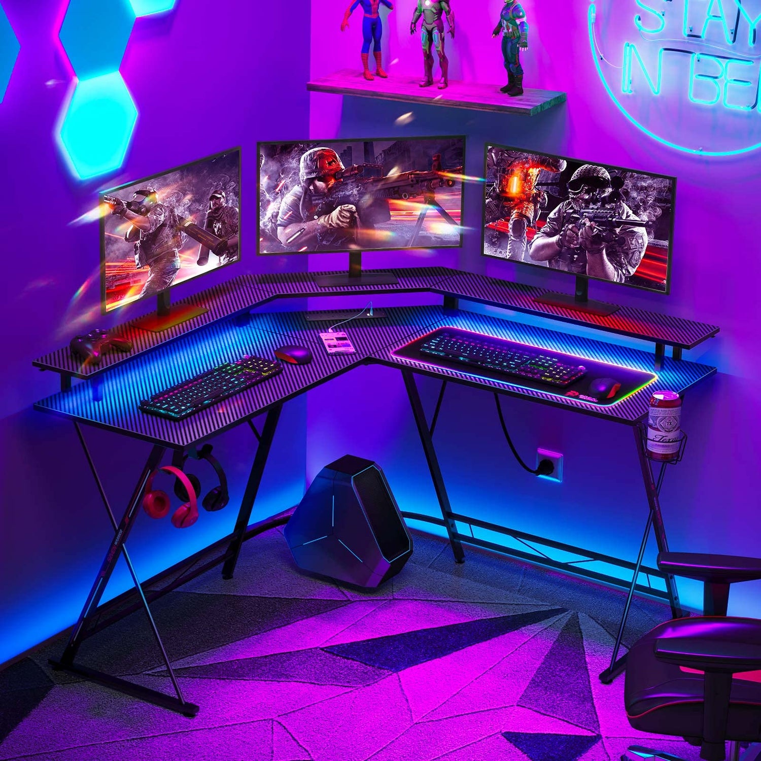 SEVEN WARRIOR L Shaped Gaming Desk with LED Lights & Power Outlets, 50.4” Computer Desk with Monitor Stand & Carbon Fiber Surface, Corner Desk with SEVEN WARRIOR