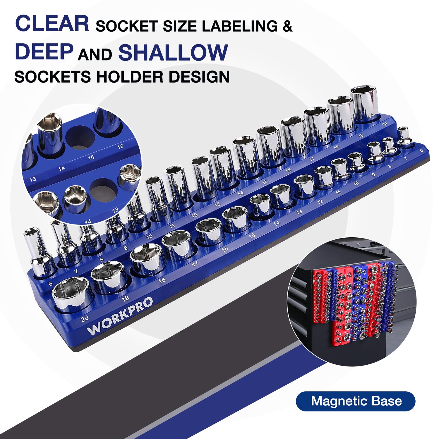 WORKPRO Magnetic Socket Organizer Set, 6-Piece Socket Holder Set Includes 1/4", 3/8", 1/2" Drive Metric SAE Socket Trays, Holds 141 Pieces Standard WORKPRO