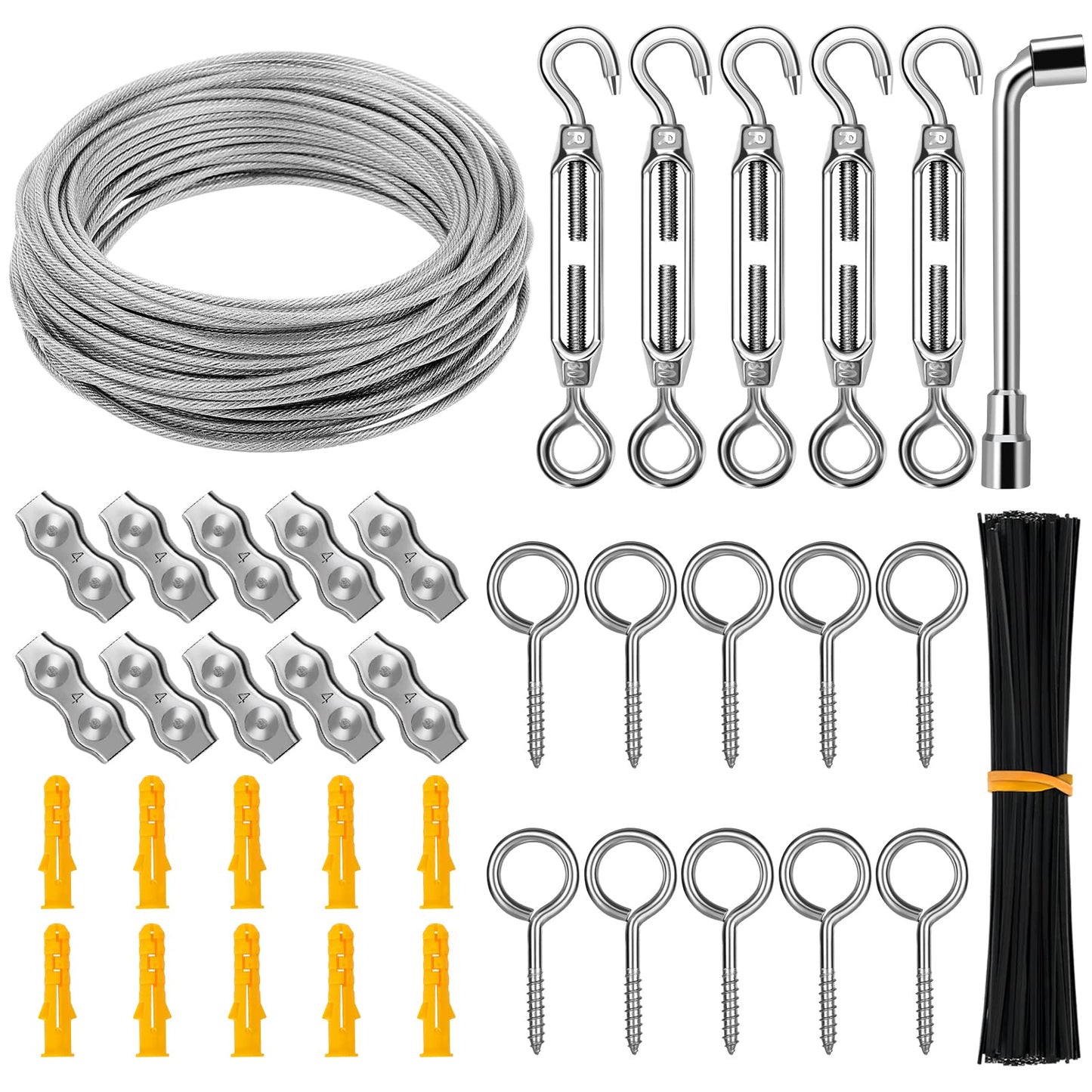 String Light Hanging Kit, CGBOOM 1/8" Stainless Steel Cable Wire, 98ft Coated Wire Rope with Turnbuckles and Hooks for Deck Railing System, Outdoor - WoodArtSupply