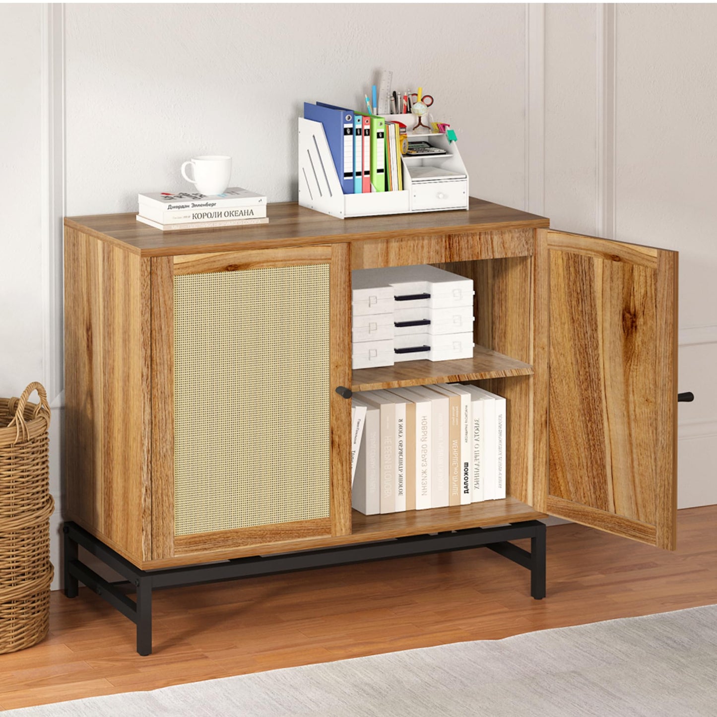 AWQM Sideboard Buffet Cabinet with Storage,Rattan Storage Cabinet with Doors Accent Cabinet Buffet Table with Metal Feet,Kitchen Console Cabinet Bar