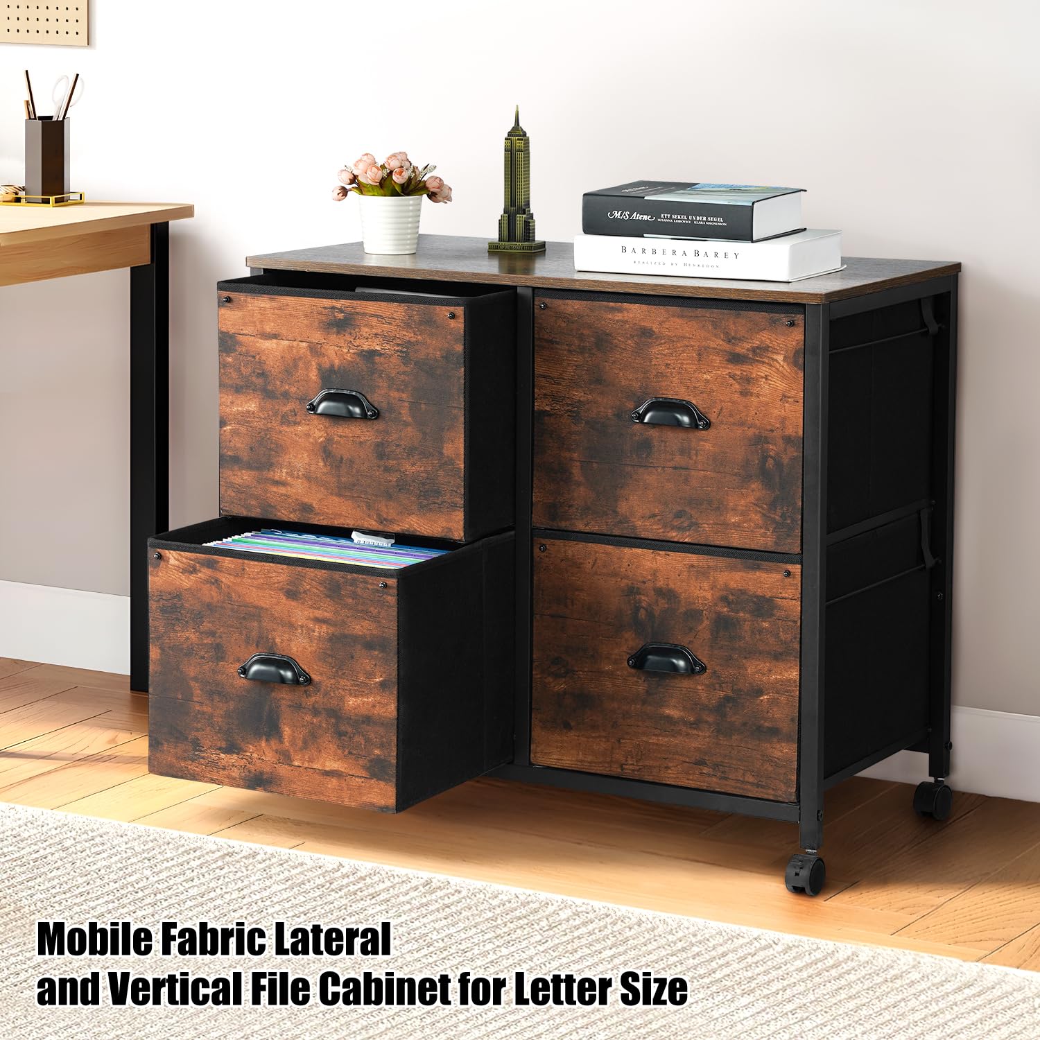 TOPSKY 4 Drawers Mobile Fabric Lateral File Cabinet with Casters for Letter Size File (Rustic Brown) - WoodArtSupply