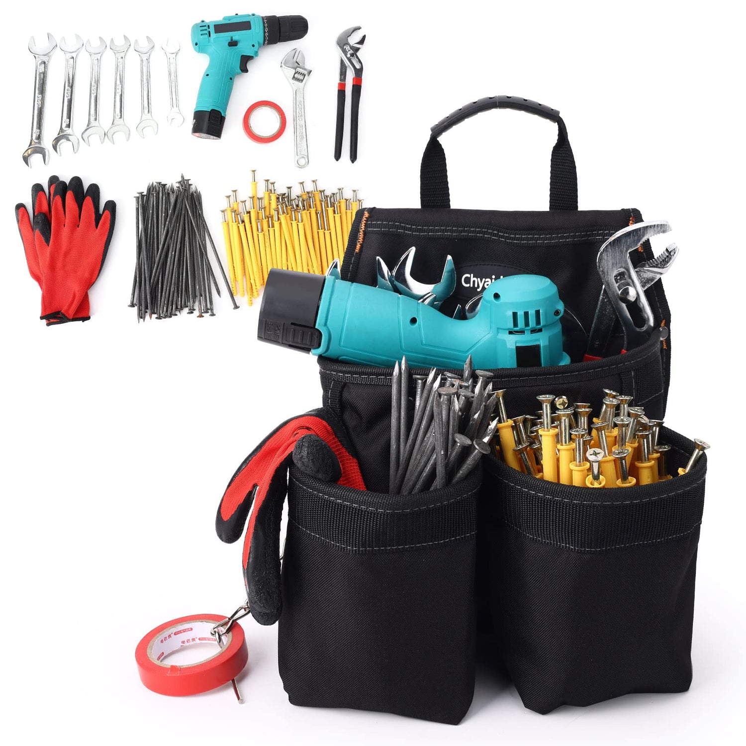 Chyaidach 16-Pockets Tool Belts for man with Suspenders, Detachable & Adjustable Tool Pouches Bag & Back Support Tool belt Combo For Chyaidach