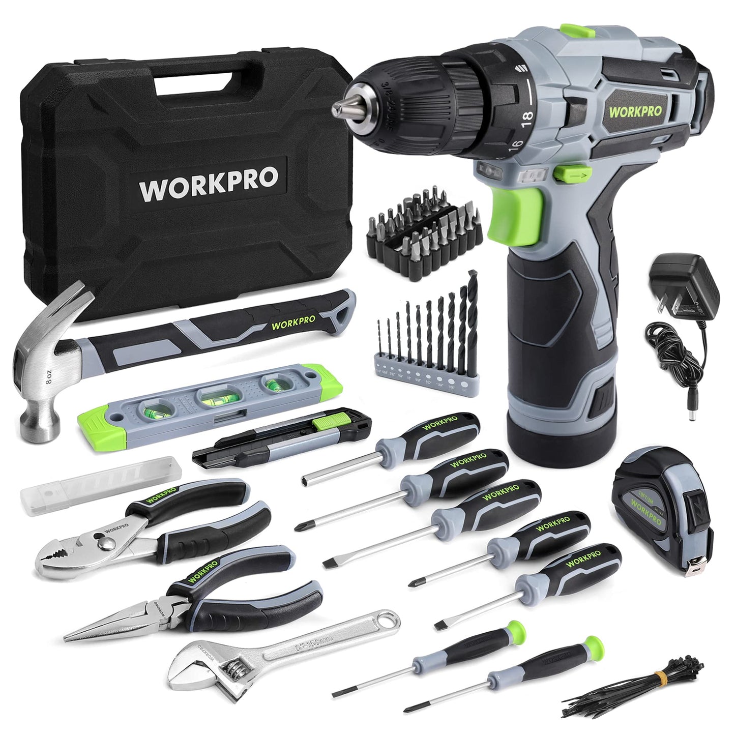 WORKPRO Home Tool Kit with Power Drill, 108PCS Power Home Tool Set with 12V 1.5 Ah Battery Powered Screwdriver and Tool Box, Electric Cordless Drill