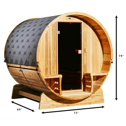 ALEKO Barrel Sauna with Front Porch Canopy | Rustic Cedar Wood | Wet Dry Indoor Outdoor | 3-4 Person Sauna | UL Certified 4.5 kW Harvia Sauna Heater - WoodArtSupply