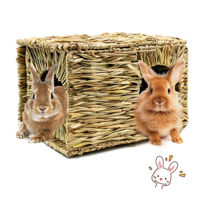 BWOGUE Extra Large Grass House for Rabbits,Hand Crafted Natural Grass Hideaway Foldable Bed Hut with Openings Playhouse for Bunny Guinea Pig