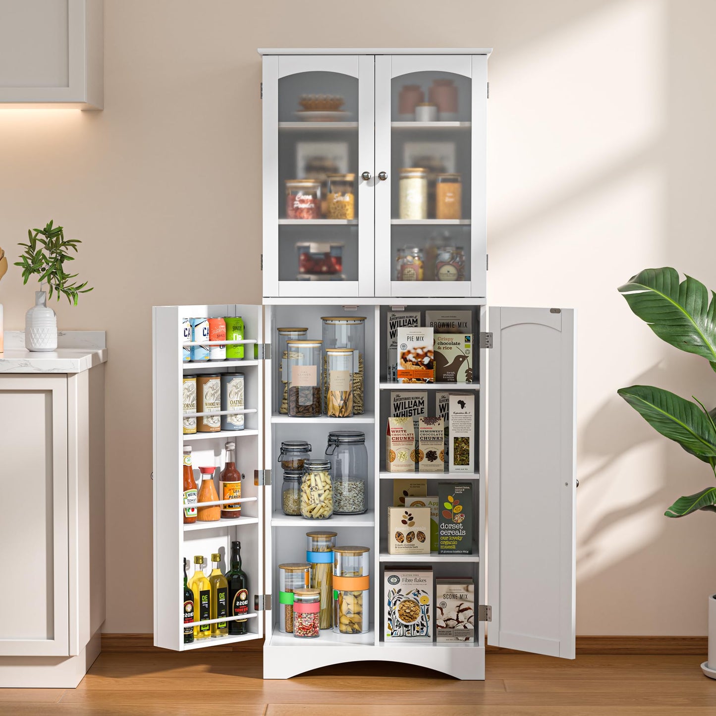 Gizoon 64" Kitchen Pantry Cabinet, Tall Storage Cabinet with Glass Doors and Adjustable Shelves, Freestanding Floor Cabinet Cupboard for Kitchen,