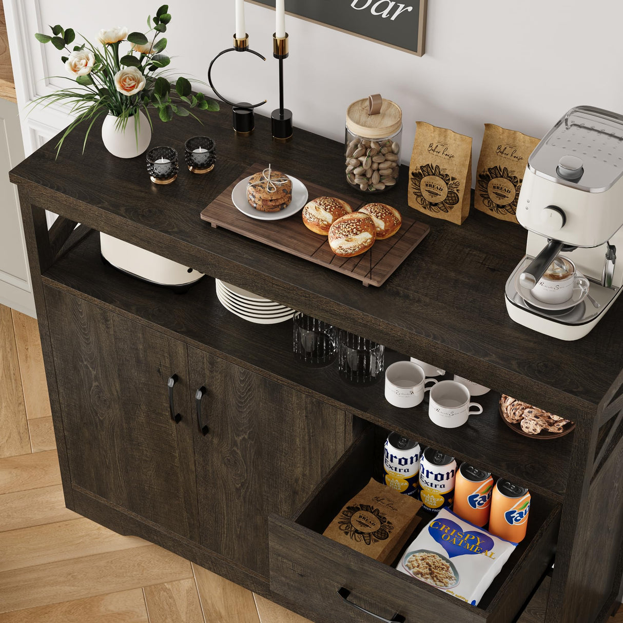 HOSTACK Modern Farmhouse Sideboard Buffet Cabinet, Kitchen Buffet Storage Cabinet with Drawers and Shelves, Wood Coffee Bar Cabinet with Storage for HOSTACK