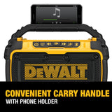 DEWALT 20V MAX Bluetooth Speaker, 100 ft Range, Durable for Jobsites, Phone Holder Included, Lasts 8-10 Hours with Single Charge (DCR010), DEWALT