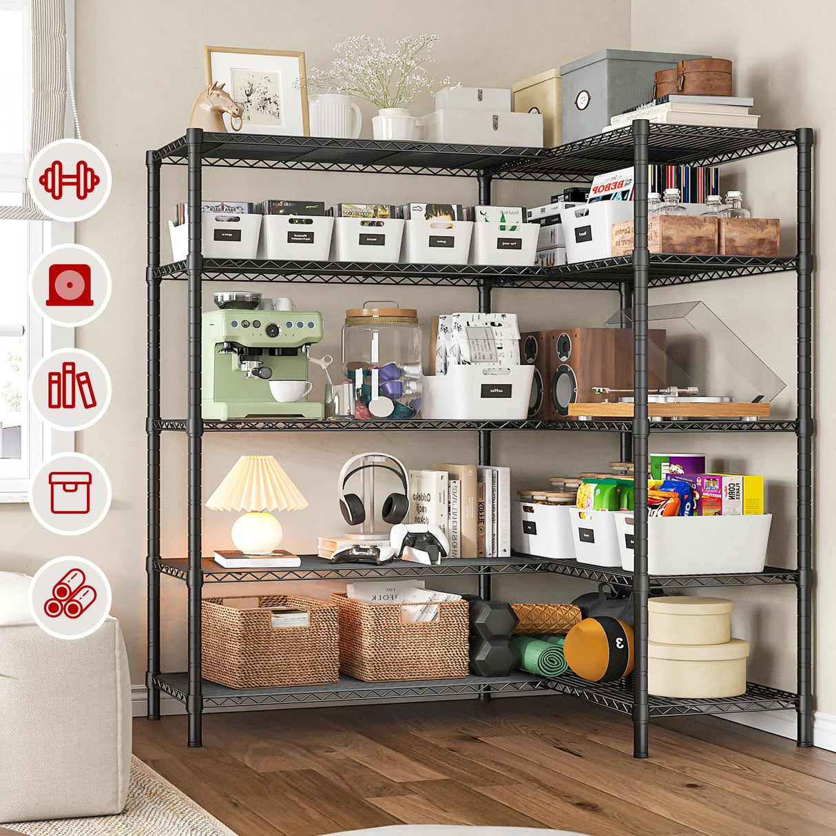 REIBII 58''W Storage Shelves Load 1400LBS Wire Shelving Unit 5 Tier Metal Shelving for Storage Rack Shelves for Storage Heavy Duty Garage Shelf REIBII