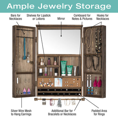 Large Rustic Wall Mounted Jewelry Organizer with Wooden Barndoor Decor. Jewelry holder for Necklaces, Earings, Bracelets, Ring Holder, and