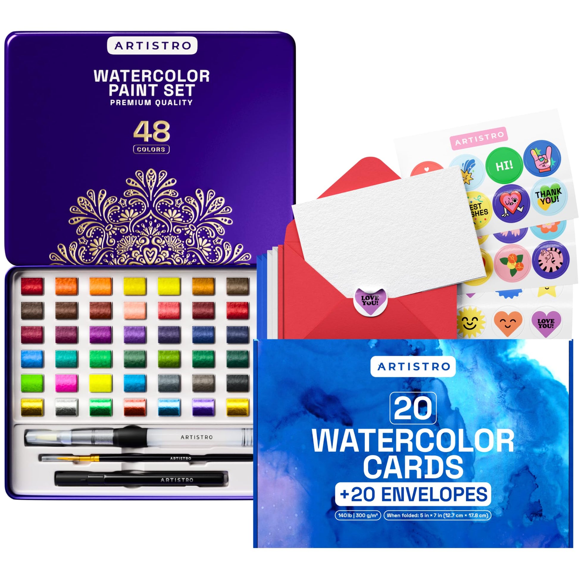 ARTISTRO Watercolor Paint Set, 48 Vivid Colors in Portable Box, Including Metallic and Fluorescent Colors for Artists, Amateur Hobbyists and Painting