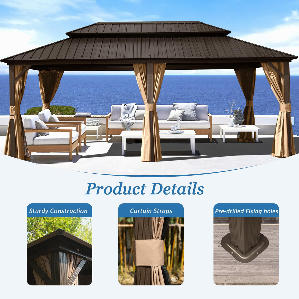 Domi 12' X 20' Hardtop Gazebo, Aluminum Metal Gazebo with Galvanized Steel Double Roof Canopy, Curtain and Netting, Permanent Gazebo Pavilion for domi outdoor living