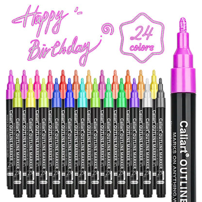 Caliart 24-Color Shimmer Markers Set, Double-Line Drawing Doodle Outline Markers, Metallic Markers Glitter Pens, Stocking Stuffers for Kids, Gifts