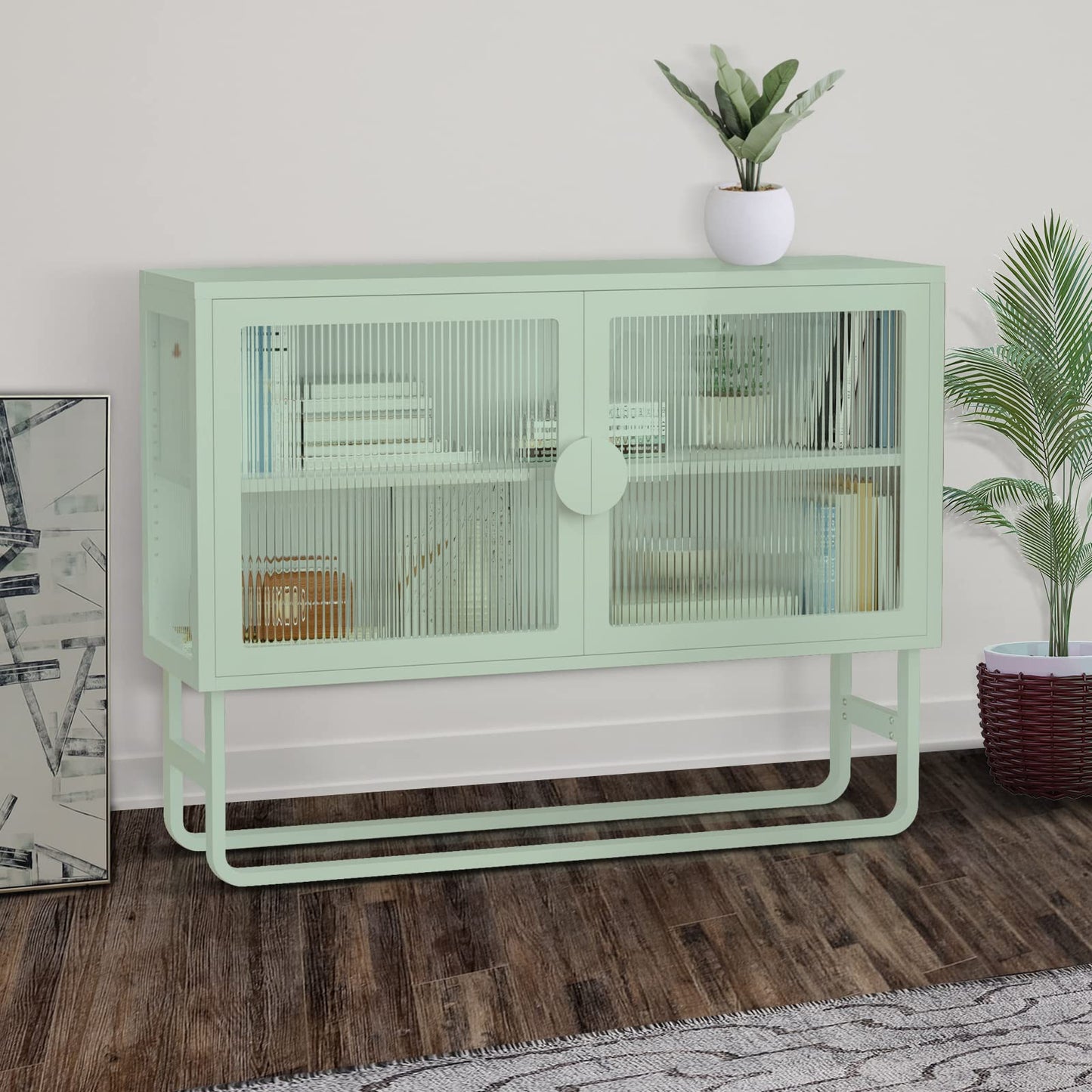 Maotifeys Metal Storage Cabinet Glass Display Cabinet with 2 Doors and Adjustable Shelf, Modern Green 47" Wide Glass Bookcase Free Standing Home