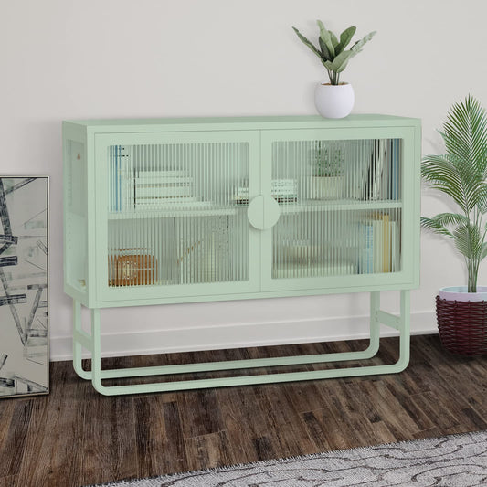 Modern Mint Green Glass Display Cabinet with Adjustable Shelves - Maotifeys Metal Storage Solution - WoodArtSupply