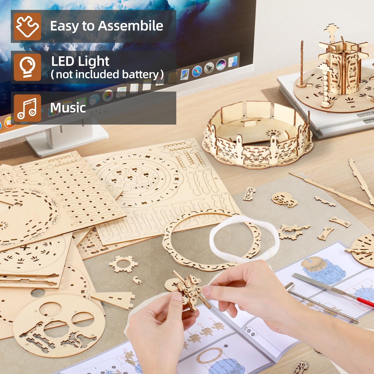 MIEBELY 3D Wooden Puzzles for Adults Bundle Set - Illuminous Music Box Globe & LED Carousel Music Box, Unique Gift Hobby for Boys Girls Family MIEBELY