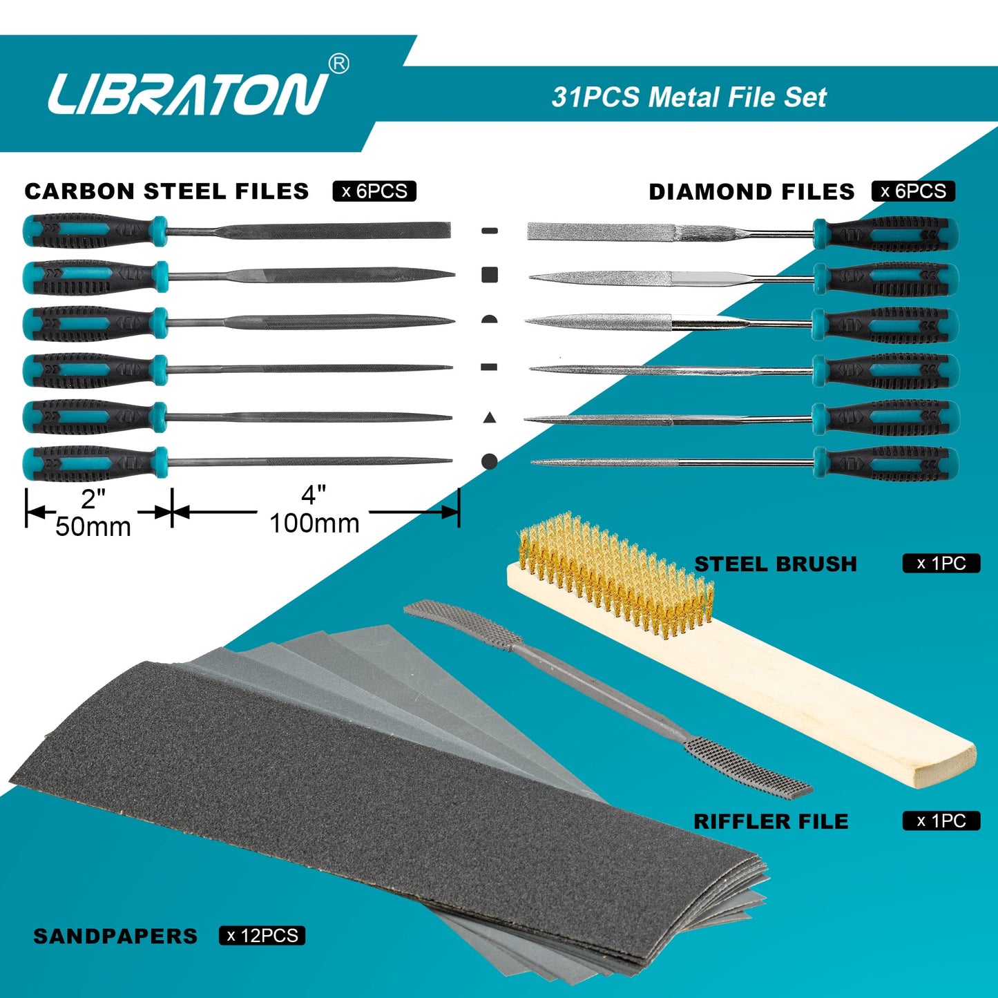 Libraton 31PCs Metal File Set, Metal Files, Metal Files for Steel, 12 Needle Files with Case, Riffler File, 12 Sandpapers, Steel Brush, File Sets for - WoodArtSupply