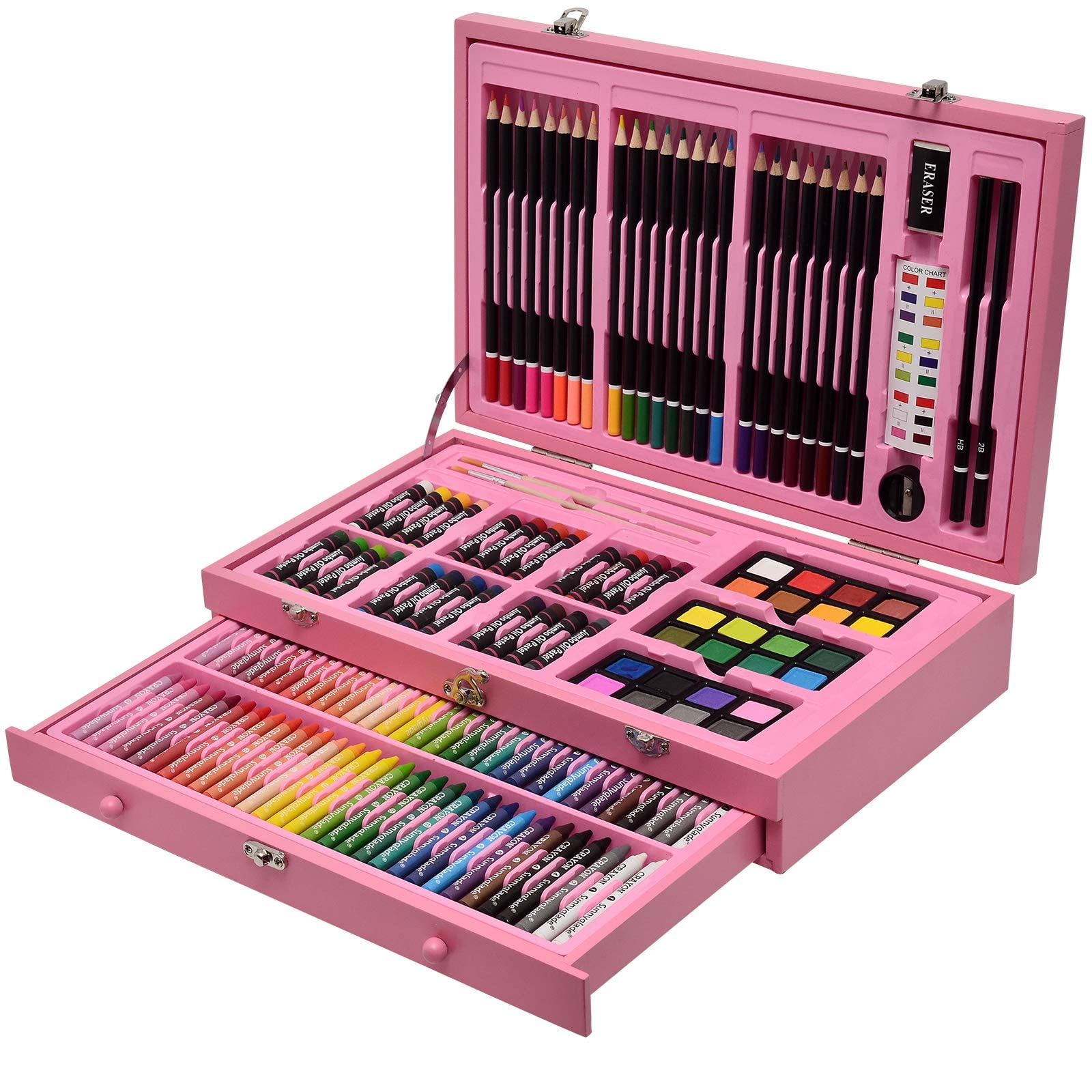 Sunnyglade 145 Piece Deluxe Art Set, Wooden Art Box & Drawing Kit with Crayons, Oil Pastels, Colored Pencils, Watercolor Cakes, Sketch Pencils, Paint - WoodArtSupply