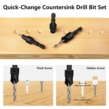 MulWark 82° Countersink Drill Bit Set incl. 5pcs Free Replaceable HSS Drill Bits for Wood｜3/8" Quick-Change -Chamfered Adjustable Drilling Tool Kit - WoodArtSupply