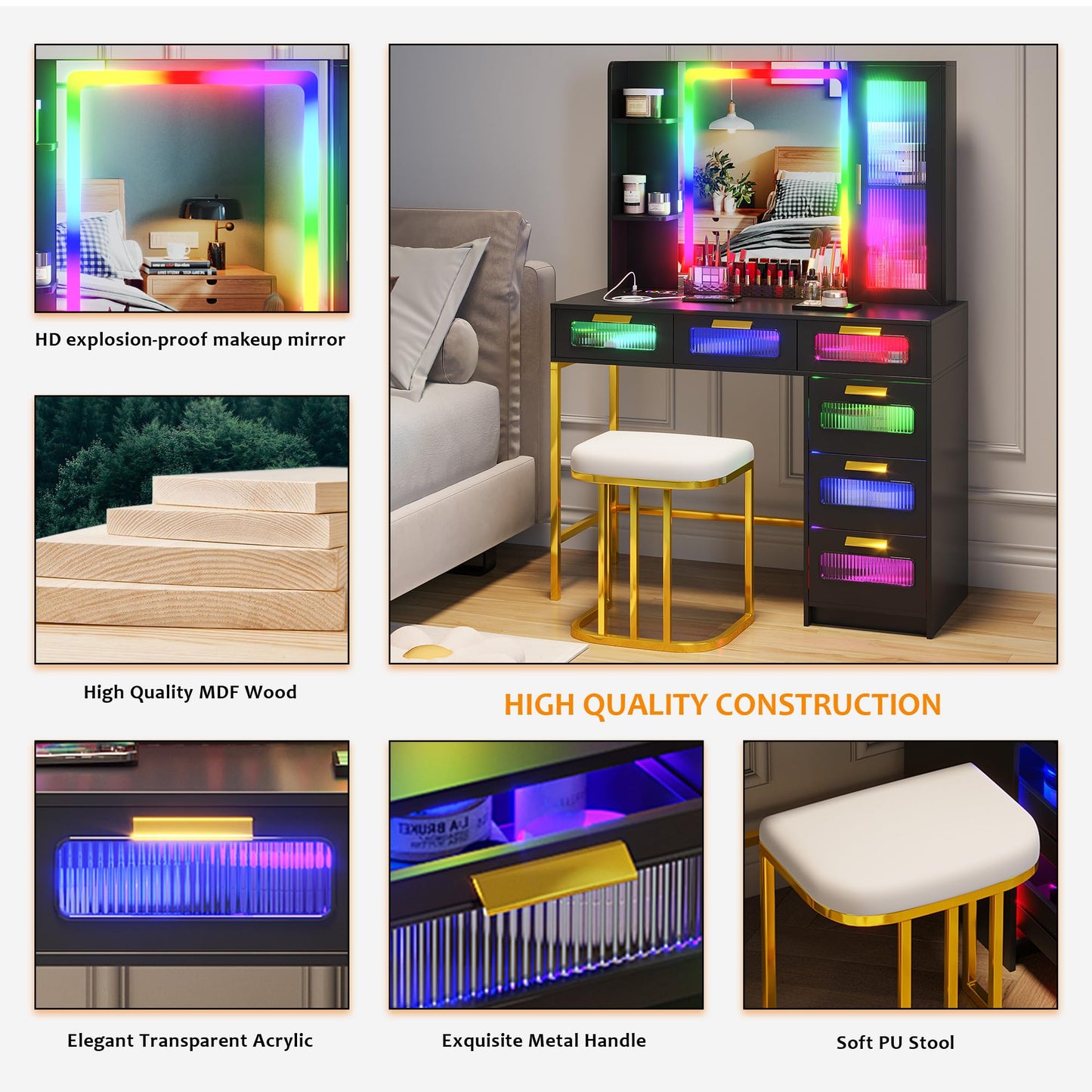 SKKTKT RGB LED Vanity Desk with Mirror and Lights, 39.5" Black Makeup Vanity Table with Auto Sensor Flow Dazzling Lights and Wireless/USB/Type C - WoodArtSupply