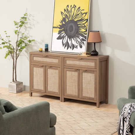 SICOTAS Sideboard Buffet Cabinet Set of 2, Rattan Credenza Storage Cabinet, Boho Buffet Table Console Cabinet with Drawer, Farmhouse Coffee Bar SICOTAS